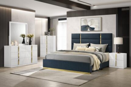 Ines 5-piece Bedroom Set Navy and White High Gloss