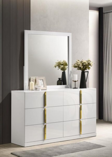 Ines 6-drawer Bedroom Dresser with Mirror White High Gloss